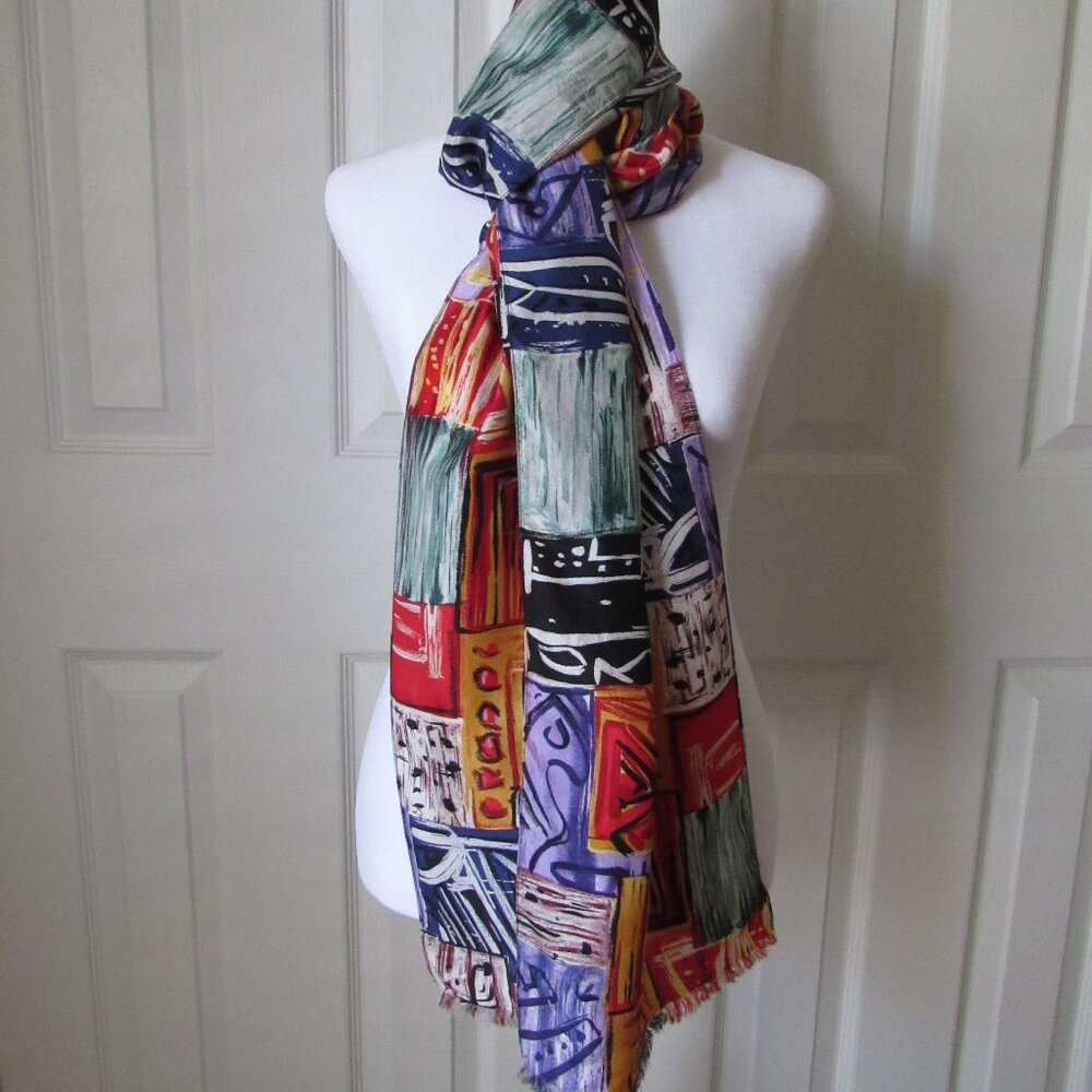 NEW YORK STUDIO Scarf 100% Silk Bold Abstract Art Design Fringe Korea Long Color